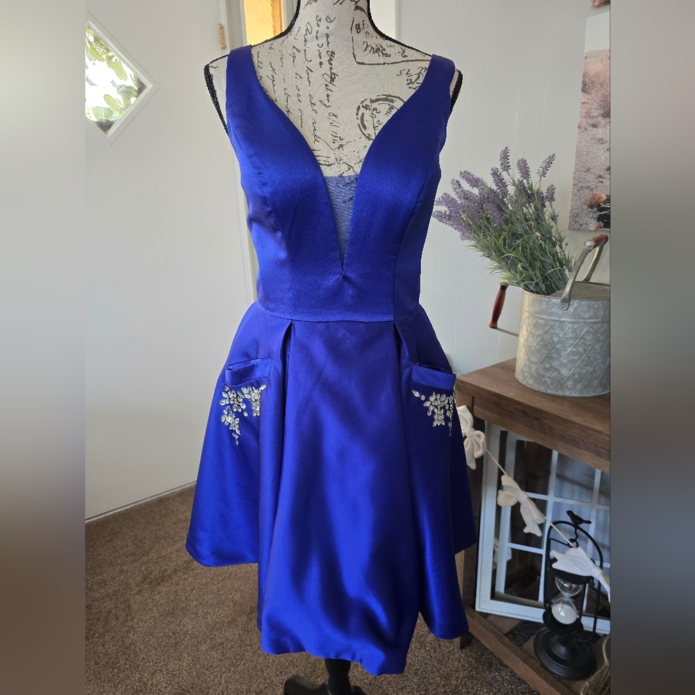 Elegant Blue Satin Dress with Embellishments And Pockets!